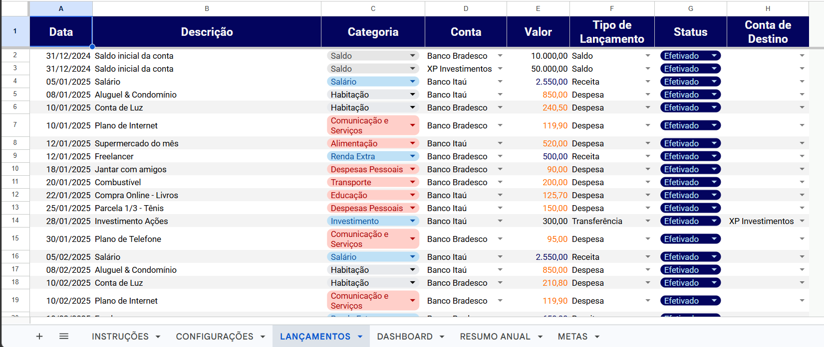 Aba de Lançamentos da planilha com receitas e despesas registradas