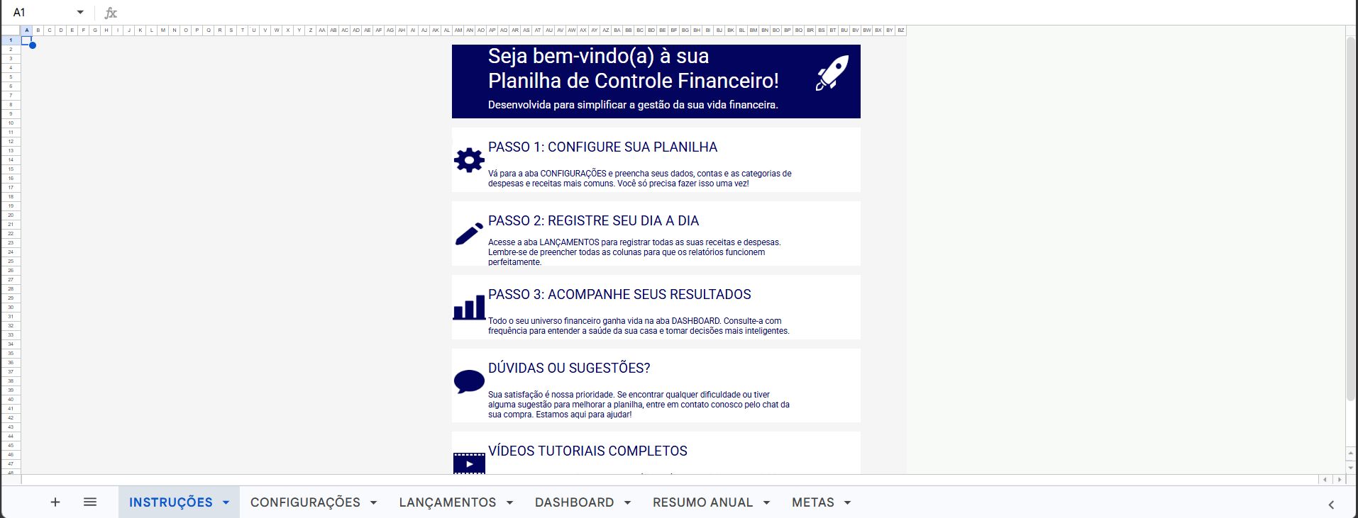 Aba de Instruções com passo a passo e vídeos tutoriais