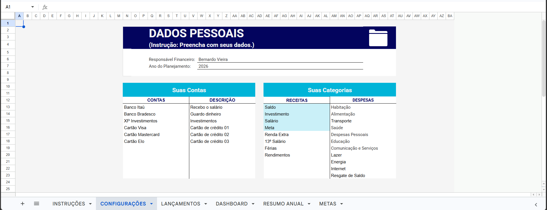 Aba de Configurações da planilha com contas e categorias cadastradas